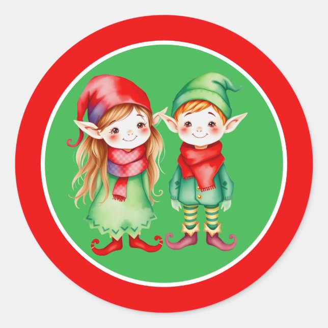 A Cute Girl and Boy Elf  Christmas Classic Round Sticker (Front)