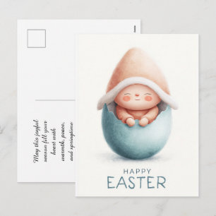 a cute gnome peeking out of a colourful Easter egg Holiday Postcard