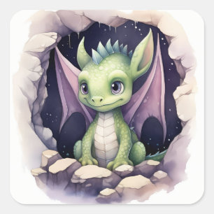 A cute green & purple baby dragon in watercolor square sticker