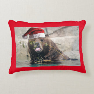 A Cute Grizzly Bear wearing a Santa Claus Hat Decorative Cushion