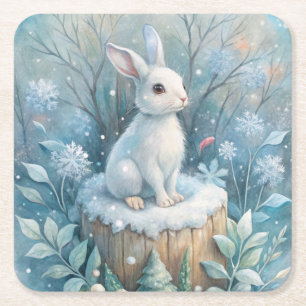 A Cute Hare in Winter Square Paper Coaster
