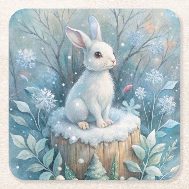 A Cute Hare in Winter Square Paper Coaster (Front)