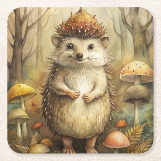 A Cute Hedgehog in Forest Square Paper Coaster (Front)