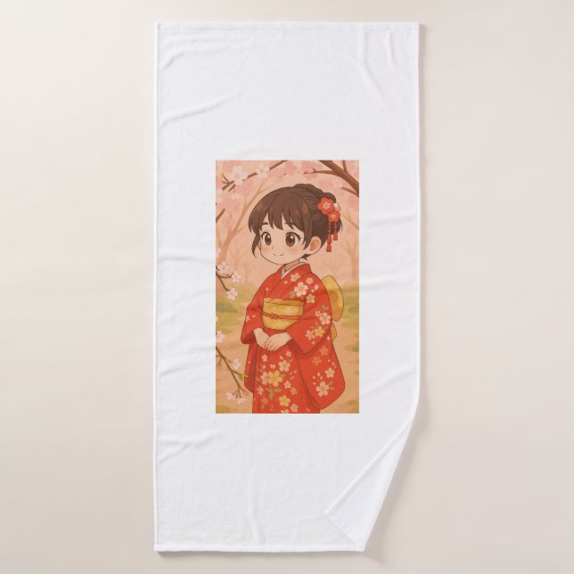 A cute Japanese girl in a cherry blossom garden  Bath Towel (Bath Towel)