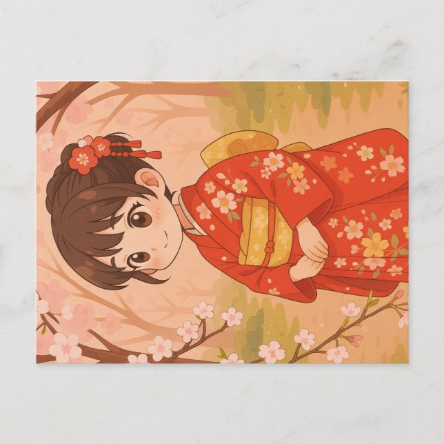 A cute Japanese girl in a cherry blossom garden  P Postcard (Front)