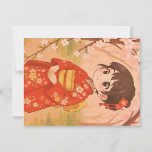 A cute Japanese girl in a cherry blossom garden  Postcard