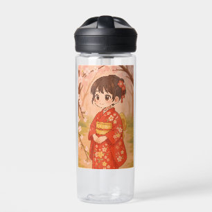 A cute Japanese girl in a cherry blossom garden  Water Bottle