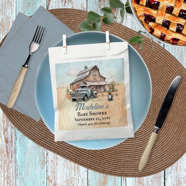 A Cute Little Farmer Baby Boy Shower Thank You Favour Bags ("A Cute Little Farm Boy Is On His Way!" Rustic Barn and Vintage Truck Boy Baby Shower Favor Bags)