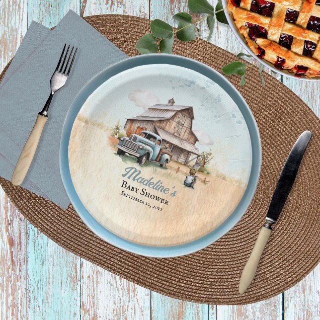 A Cute Little Farmer Baby Shower Paper Plate ("A Cute Little Farm Boy Is On His Way!" Rustic Barn and Vintage Truck Boy Baby Shower Paper Plates)
