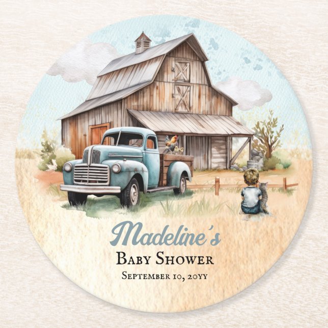 A Cute Little Farmer Baby Shower Round Paper Coaster (Front)