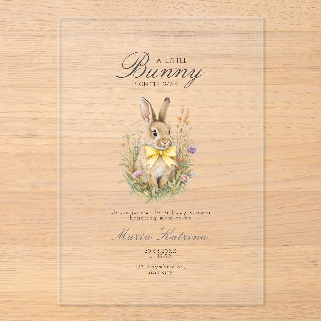 A cute little Floral Bunny Yellow Bow Baby Shower  Acrylic Invitations (Front)