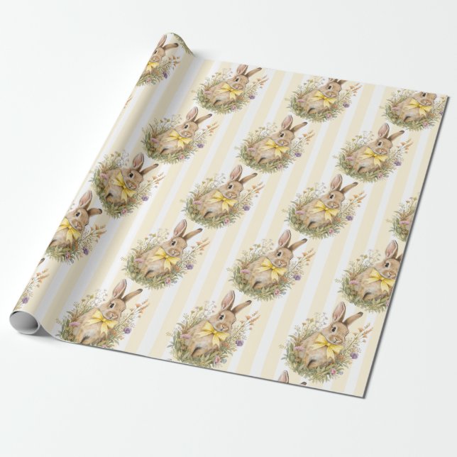 A cute little Floral Bunny Yellow Bow Baby Shower  Wrapping Paper (Unrolled)