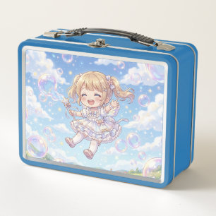 A cute little girl enjoying soap bubbles metal lunch box