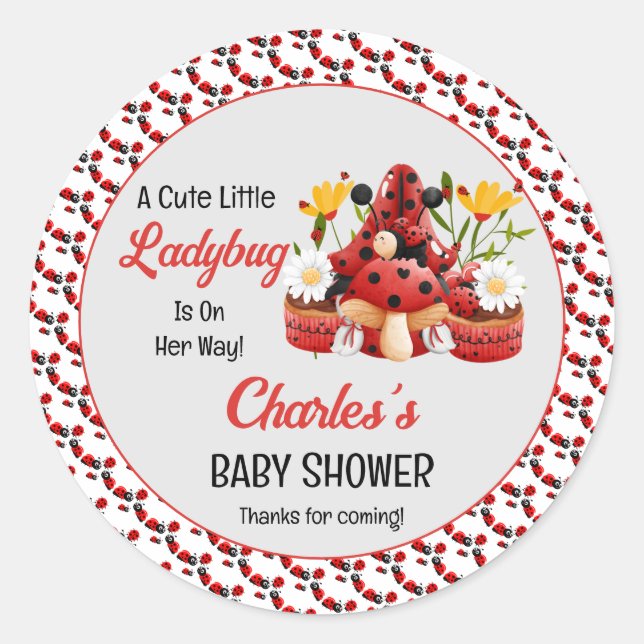 A Cute Little Ladybug Is On Her Way Baby Shower Classic Round Sticker (Front)