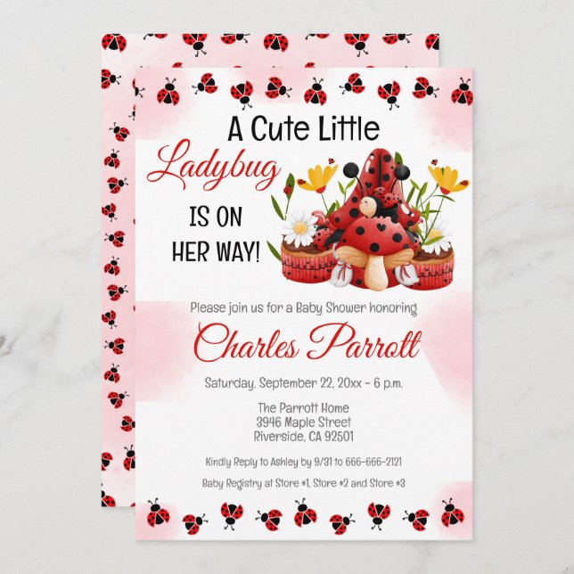 A Cute Little Ladybug Is On Her Way Baby Shower Invitation (Front/Back)