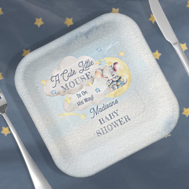 A Cute Little Mouse Is On His Way Boy Baby Shower Paper Plate (Creator Uploaded)
