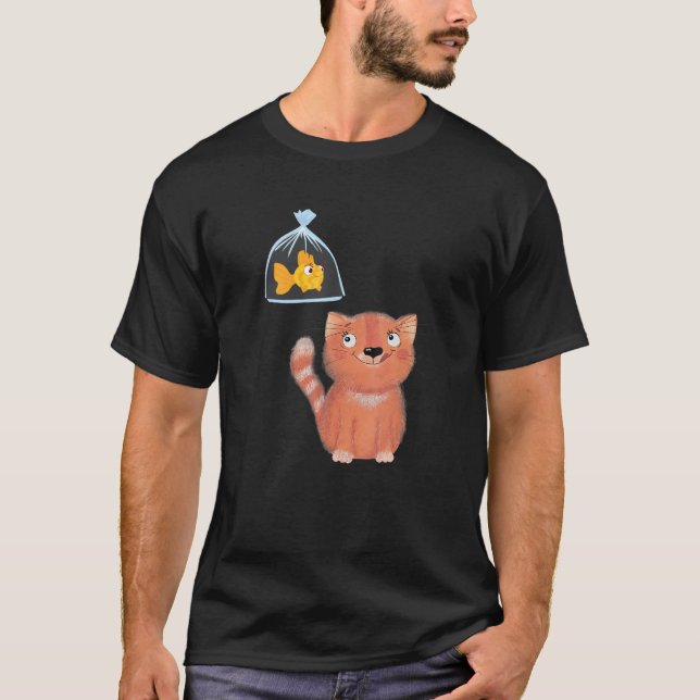 A Cute Orange Cat Hinking About A Fish Swimming In T-Shirt (Front)
