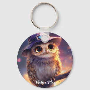 A Cute Owl Wearing a Witch Hat Key Ring