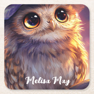 A Cute Owl Wearing a Witch Hat Square Paper Coaster