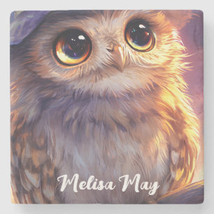 A Cute Owl Wearing a Witch Hat Stone Coaster