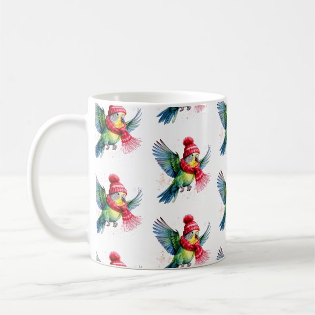 A Cute Parakeet in a Winter Hat and Scarf Mug (Left)