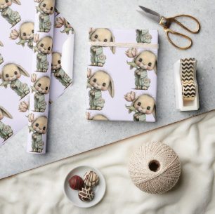 A Cute Pattern with a Bunny Holding a Tulip Wrapping Paper