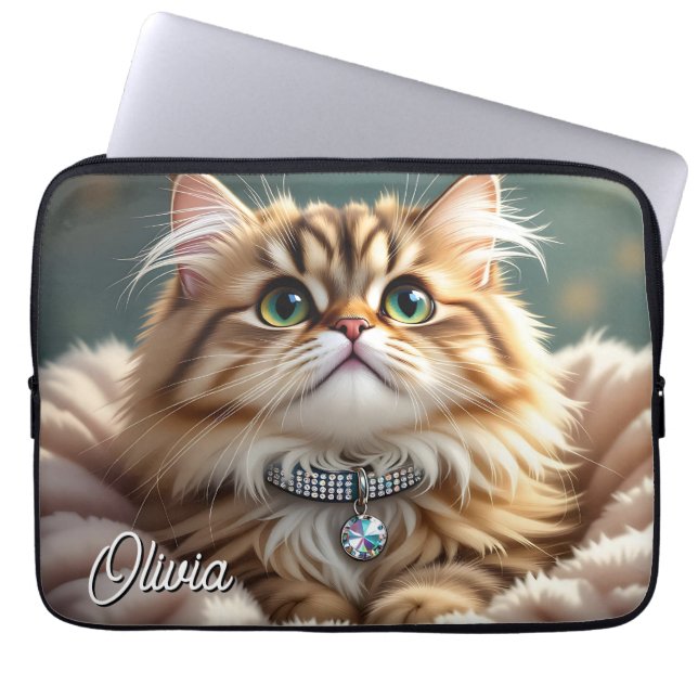 A Cute Personalised Fluffy Tabby Cat Laptop Sleeve (Front)