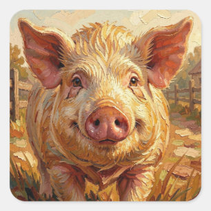 A cute Pig on a Muddy Farm Square Sticker