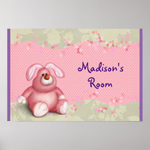A Cute Pink Bunny with Hearts and Foliage Poster