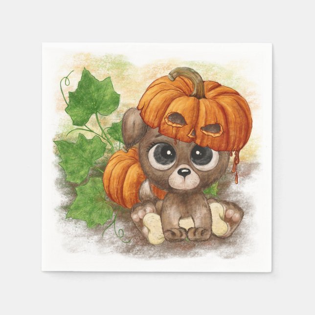 A cute puppy in a pumpkin hat napkin (Front)