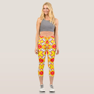 A cute red yellow white trendy fabric pattern  capri leggings