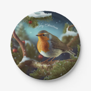 A cute Robin on a Christmas Tree Paper Plates