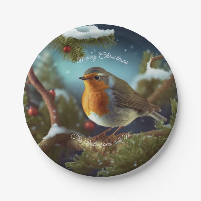 A cute Robin on a Christmas Tree Paper Plates (Front)