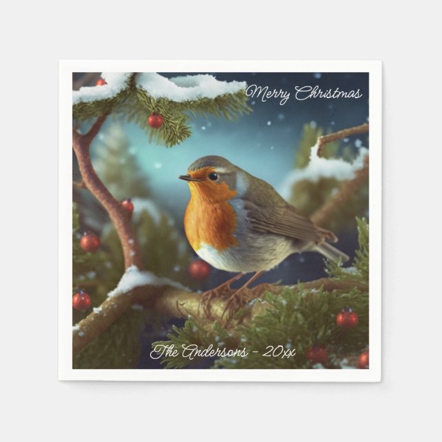 A cute Robin on a Christmas Tree Paper Plates Napkin (Front)