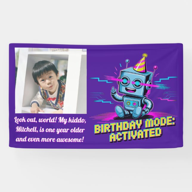 A Cute Robot Activated Birthday Party Mode Banner (Horizontal)