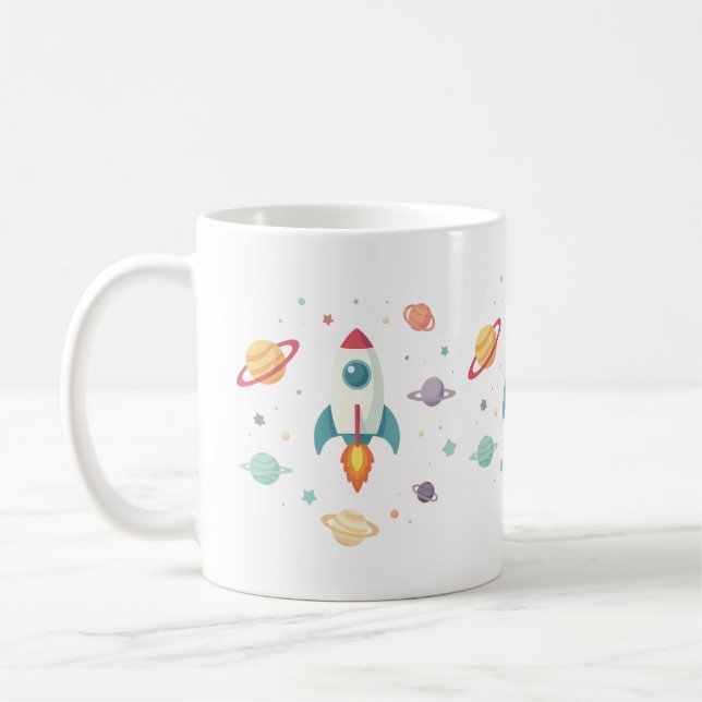 a cute rocket ship soaring through a whimsical spa coffee mug (Left)