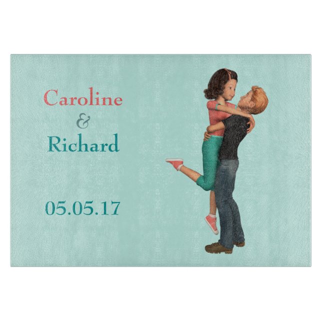 A Cute Romance: Sweethearts Embrace (Personalised) Cutting Board (Front)
