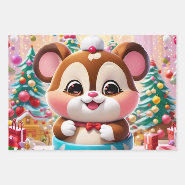 A cute, round character resembling a chipmunk  wrapping paper sheet (Front)
