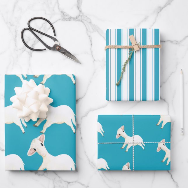  A cute sheep Aqua Blue Teal Striped Pattern  Wrapping Paper Sheet (Front)