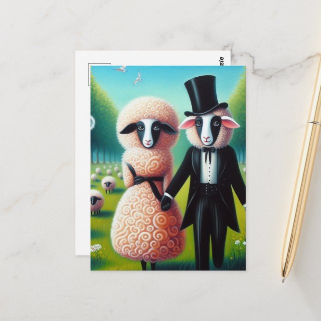 A Cute Sheep Couple Postcard (Front/Back In Situ)