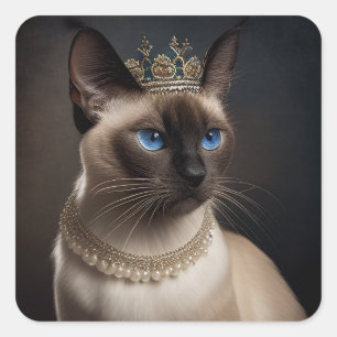 A cute Siamese cat with Pearl necklace and crown  Square Sticker
