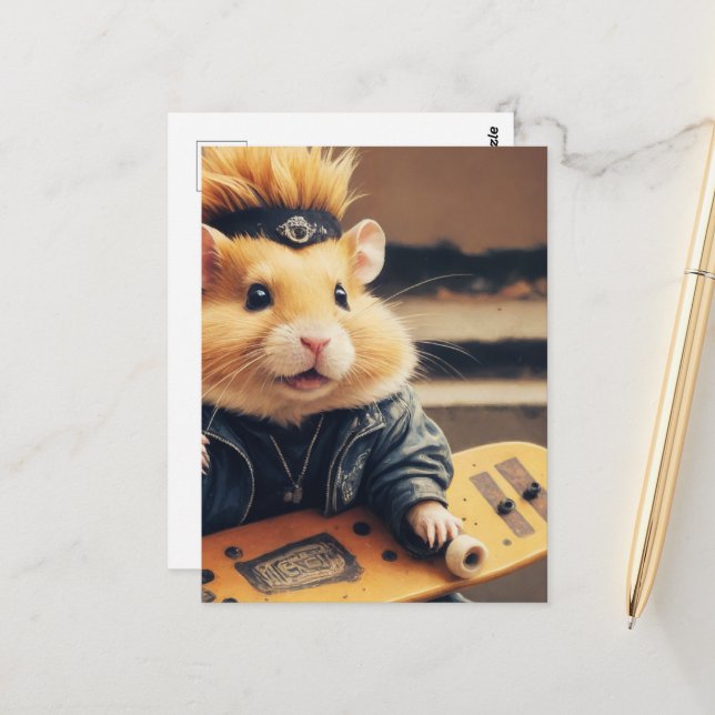 A Cute Skateboarding Punk Hamster Retro  Postcard (Front/Back In Situ)