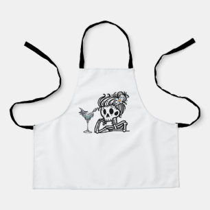 A cute skeleton with a flower and a drink. apron