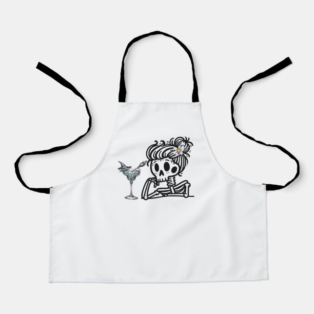 A cute skeleton with a flower and a drink. apron (Front)