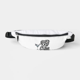 A cute skeleton with a flower and a drink. bum bags