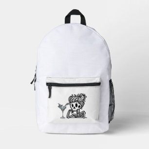 A cute skeleton with a flower and a drink. printed backpack