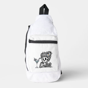 A cute skeleton with a flower and a drink. sling bag