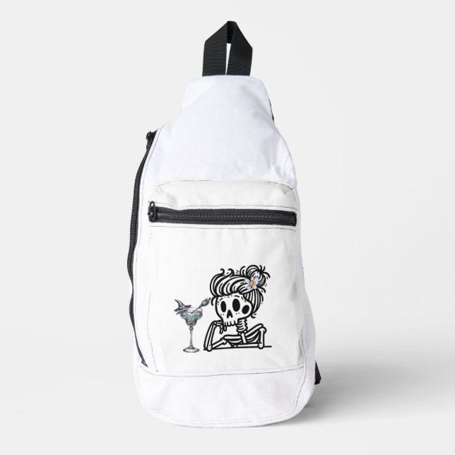 A cute skeleton with a flower and a drink. sling bag (Front)