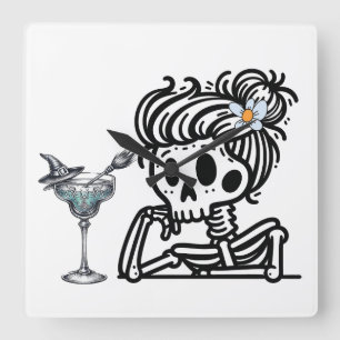 A cute skeleton with a flower and a drink. square wall clock