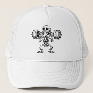 A cute skeleton working out  trucker hat